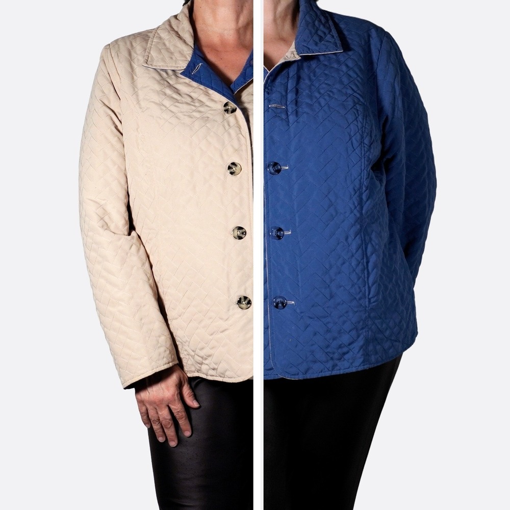 Chico's Reversible Jacket 2X XXL Bone Blue Faux Quilted‎ Double Faced Coat
